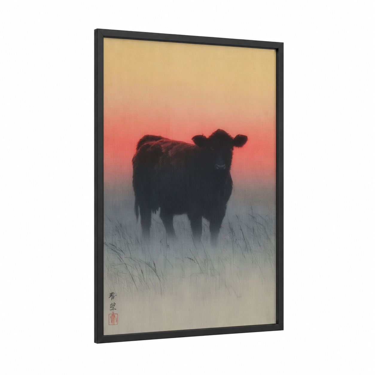 Misty Angus framed angus cow print — black wood frame — peach and gray palette