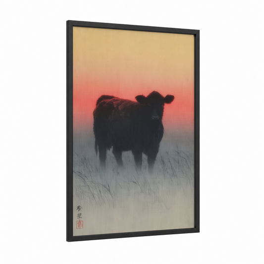 Misty Angus framed angus cow print — black wood frame — peach and gray palette