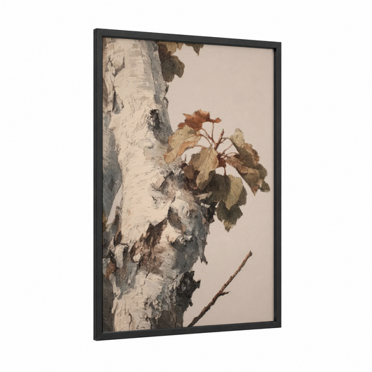 Autumn Birch framed birch tree print — black wood frame — beige and russet palette
