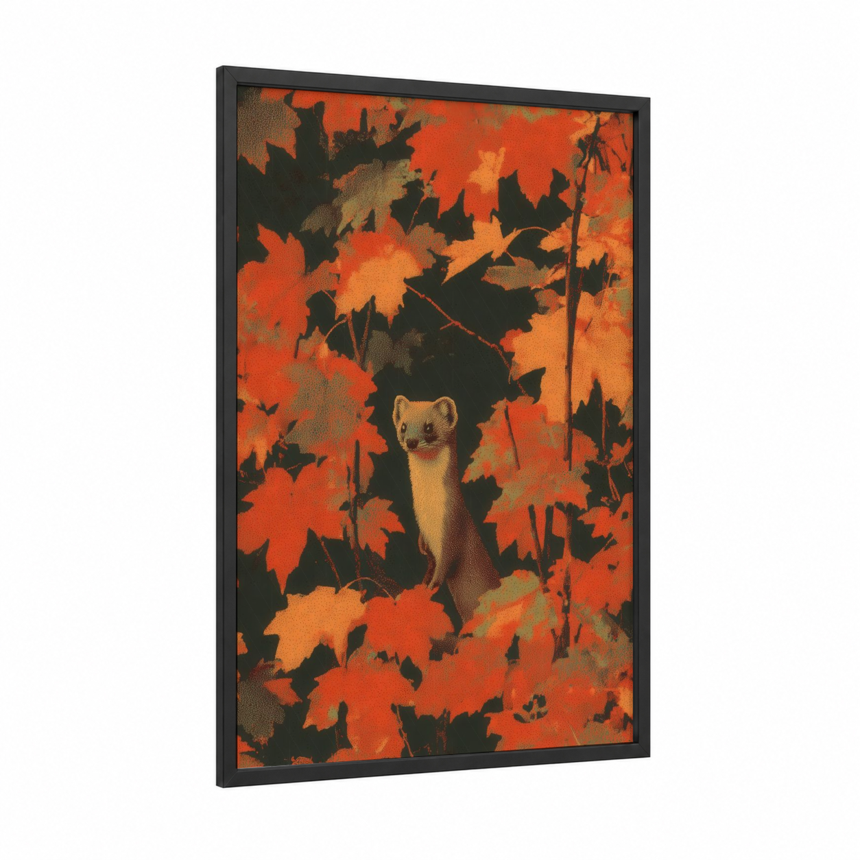Autumn Weasel framed art print — black wood frame — orange and red palette