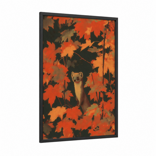 Autumn Weasel framed art print — black wood frame — orange and red palette