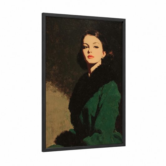 Emerald Portrait framed vintage fashion print — black wood frame — true green and brown palette