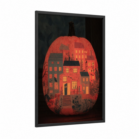 Haunted Thanksgiving Pumpkin framed art print — black wood frame — orange and black and gold palette