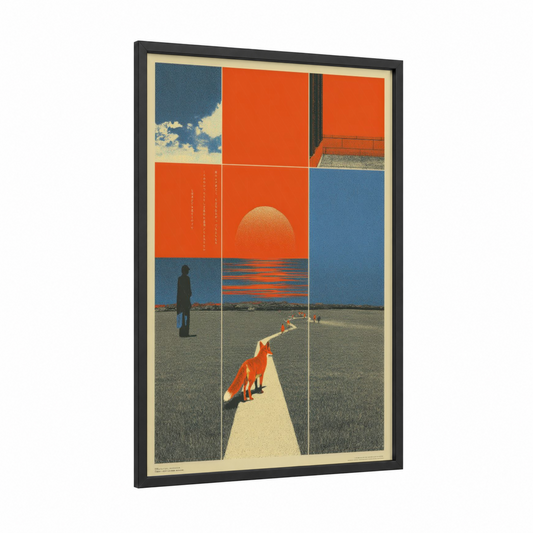 Crimson Fox Passage framed japanese y2k print — black wood frame — orange and blue palette