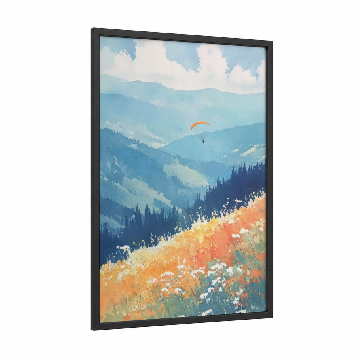 Alpine Paragliding framed art print — black wood frame — blue and orange palette