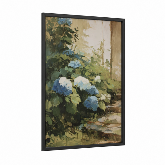 Cottage Hydrangea framed art print — black wood frame — blue and white and sage green palette