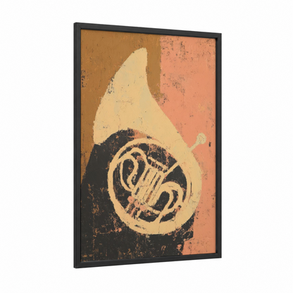 Vintage French Horn framed art print — black wood frame — russet and cream palette