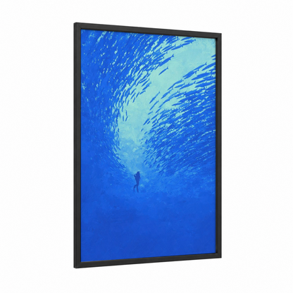 Underwater Ascent framed diving print — black wood frame — blue and turquoise palette