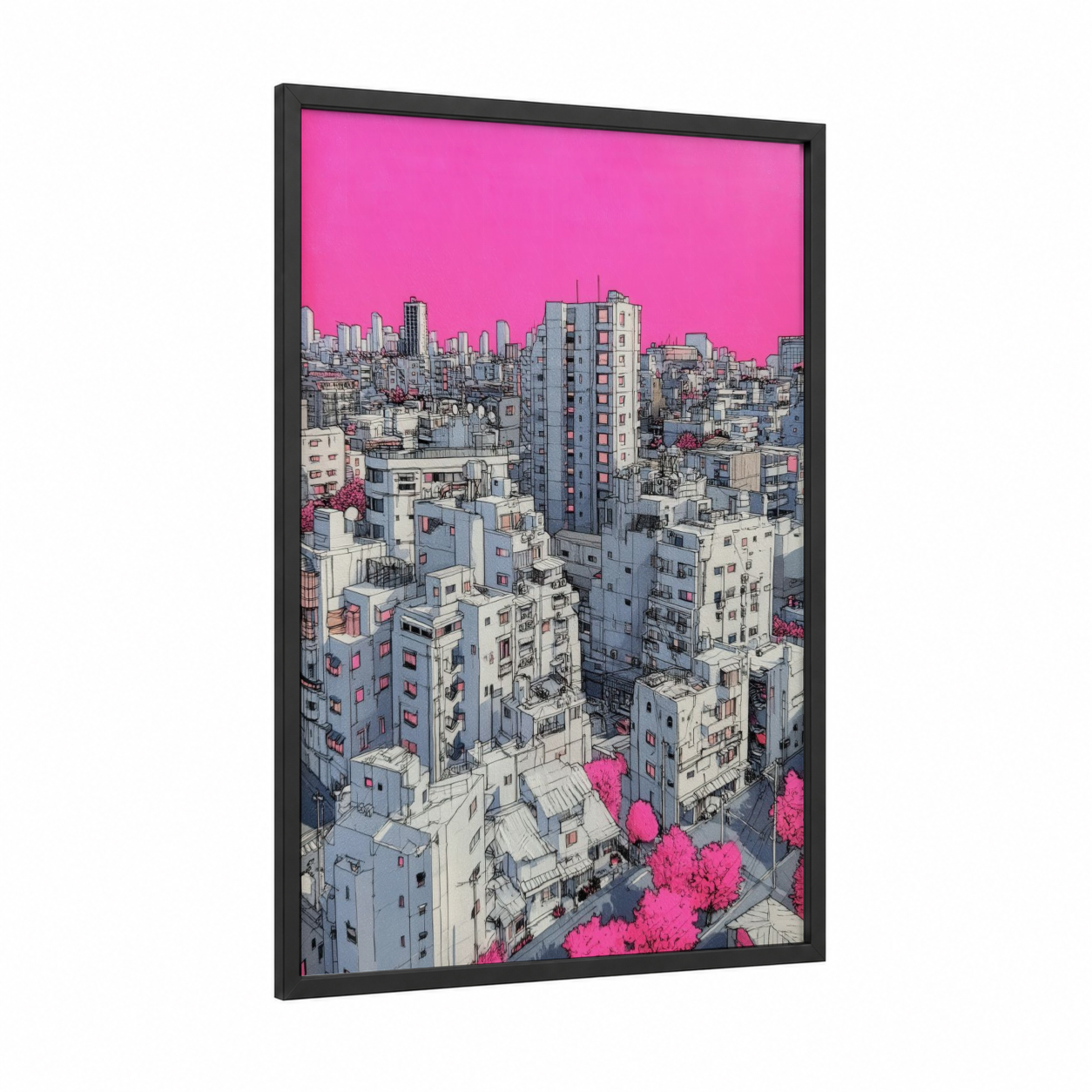 Neon Urban Skyline framed abstract architecture print — black wood frame — magenta and blue palette