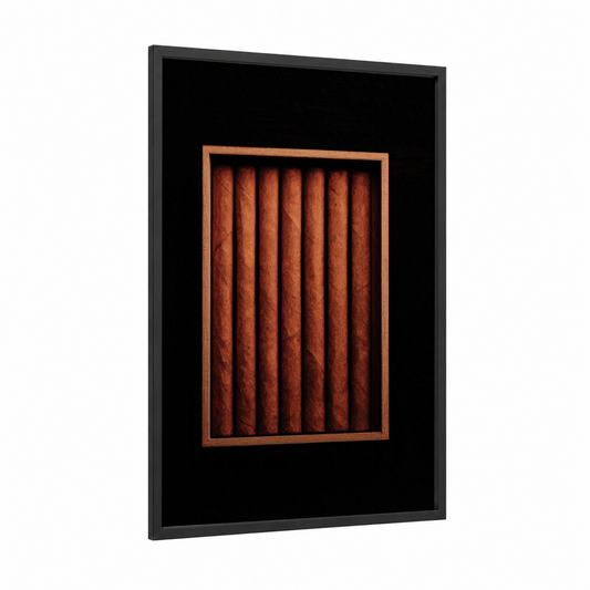 Premium Cigar Collection framed cigars print — black wood frame — russet and gold palette