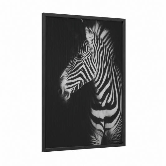 Shadow Zebra framed art print — black wood frame — black and white palette