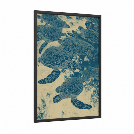 Sandy Turtle Colony framed art print — black wood frame — blue and cream palette