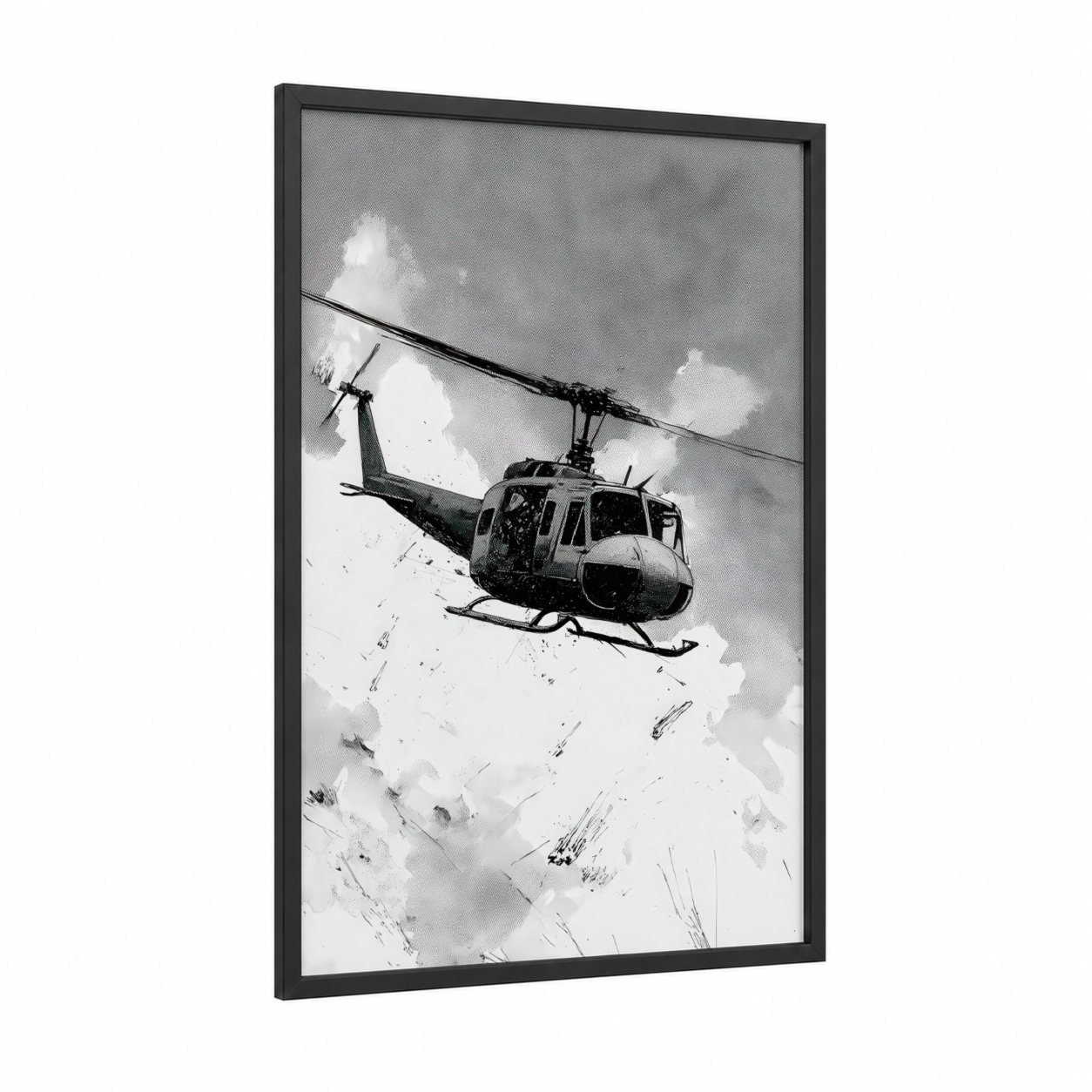 Alpine Rescue Helicopter framed art print — black wood frame — black and white and gray palette