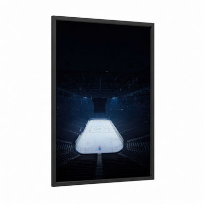 Arena Illumination framed ice hockey print — black wood frame — blue and white palette