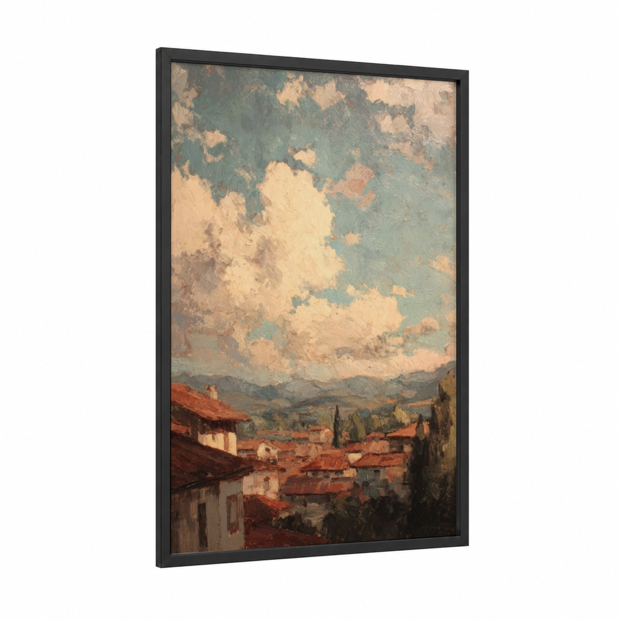 Tuscan Morning Light framed morning sky print — black wood frame — cream and blue palette