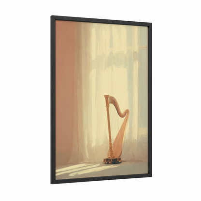 Sunlit Harp framed art print — black wood frame — cream and champagne gold palette