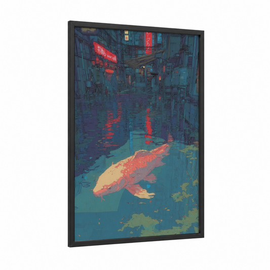 Neon Koi Dreams framed koi fish print — black wood frame — blue and red palette