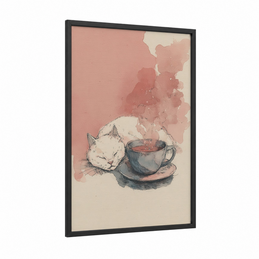 Cozy Cat Coffee framed art print — black wood frame — salmon pink and beige palette