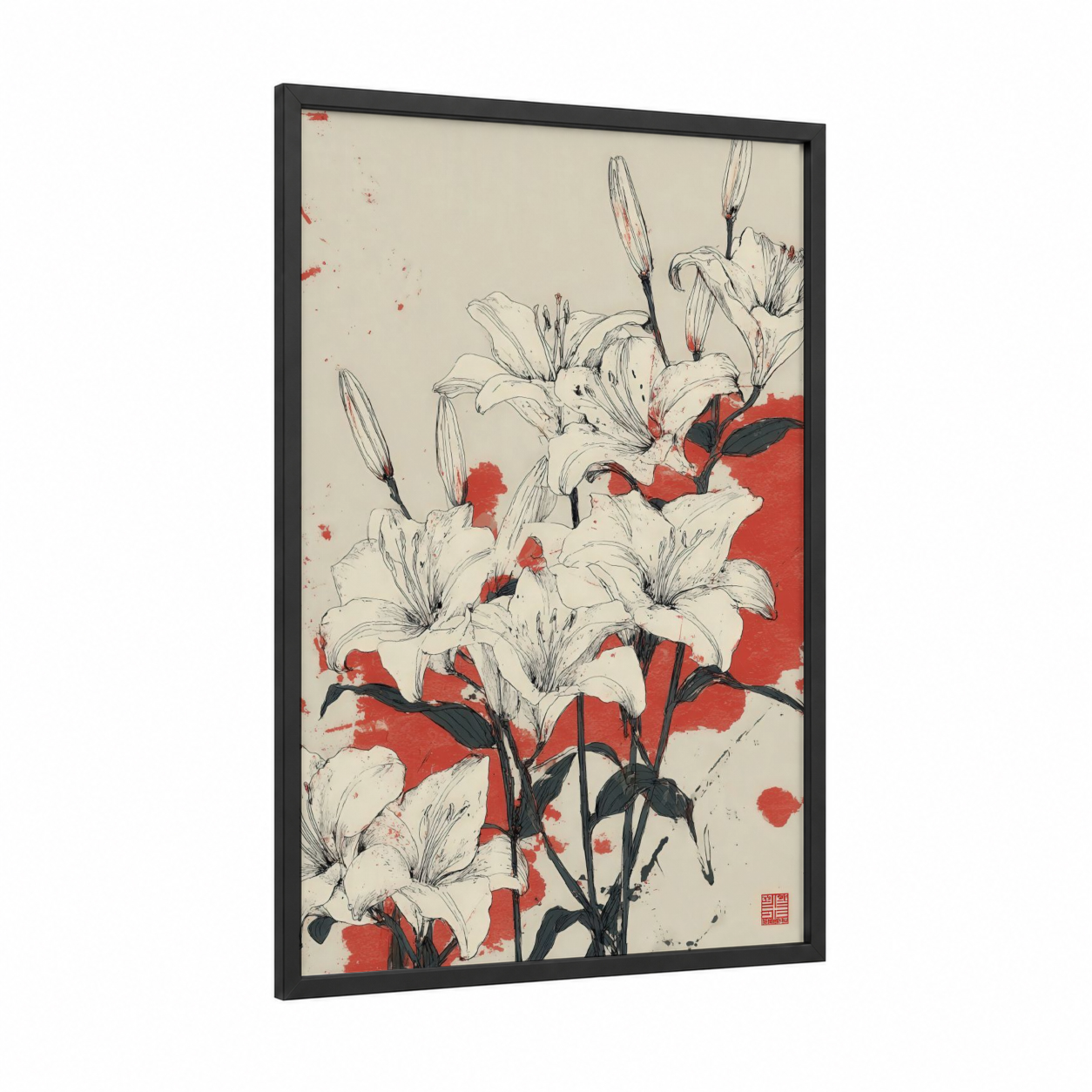 Crimson Lily Field framed flower field print — black wood frame — red and black and white palette
