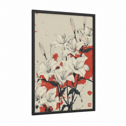 Crimson Lily Field framed flower field print — black wood frame — red and black and white palette