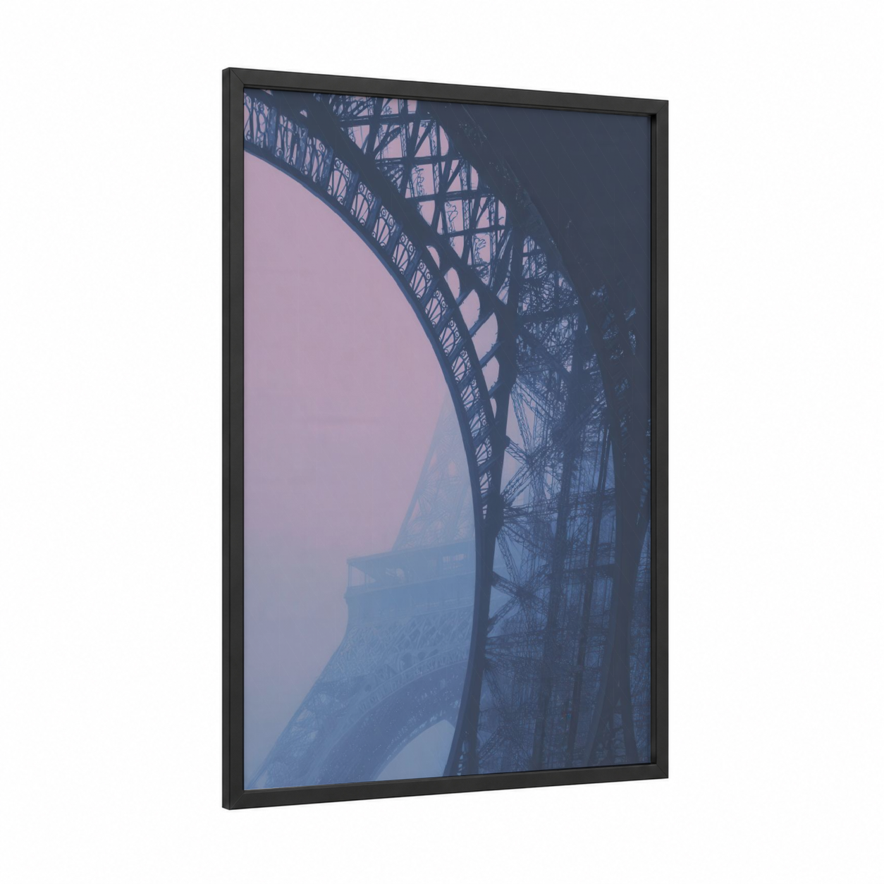 Misty Eiffel Tower framed monuments print — black wood frame — lavender and blue palette