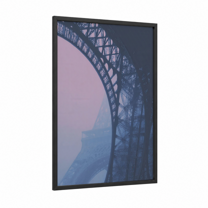 Misty Eiffel Tower framed monuments print — black wood frame — lavender and blue palette