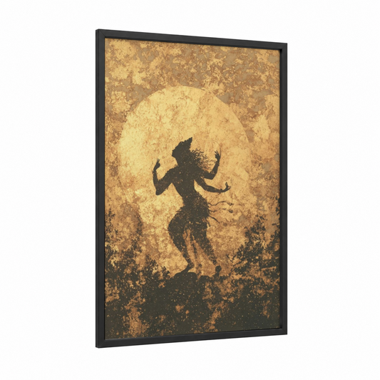 Shiva Moonlit Dance framed hindu holidays print — black wood frame — gold and black and white palette