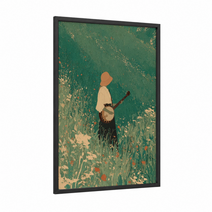 Banjo Musician Field framed art print — black wood frame — true green and peach palette