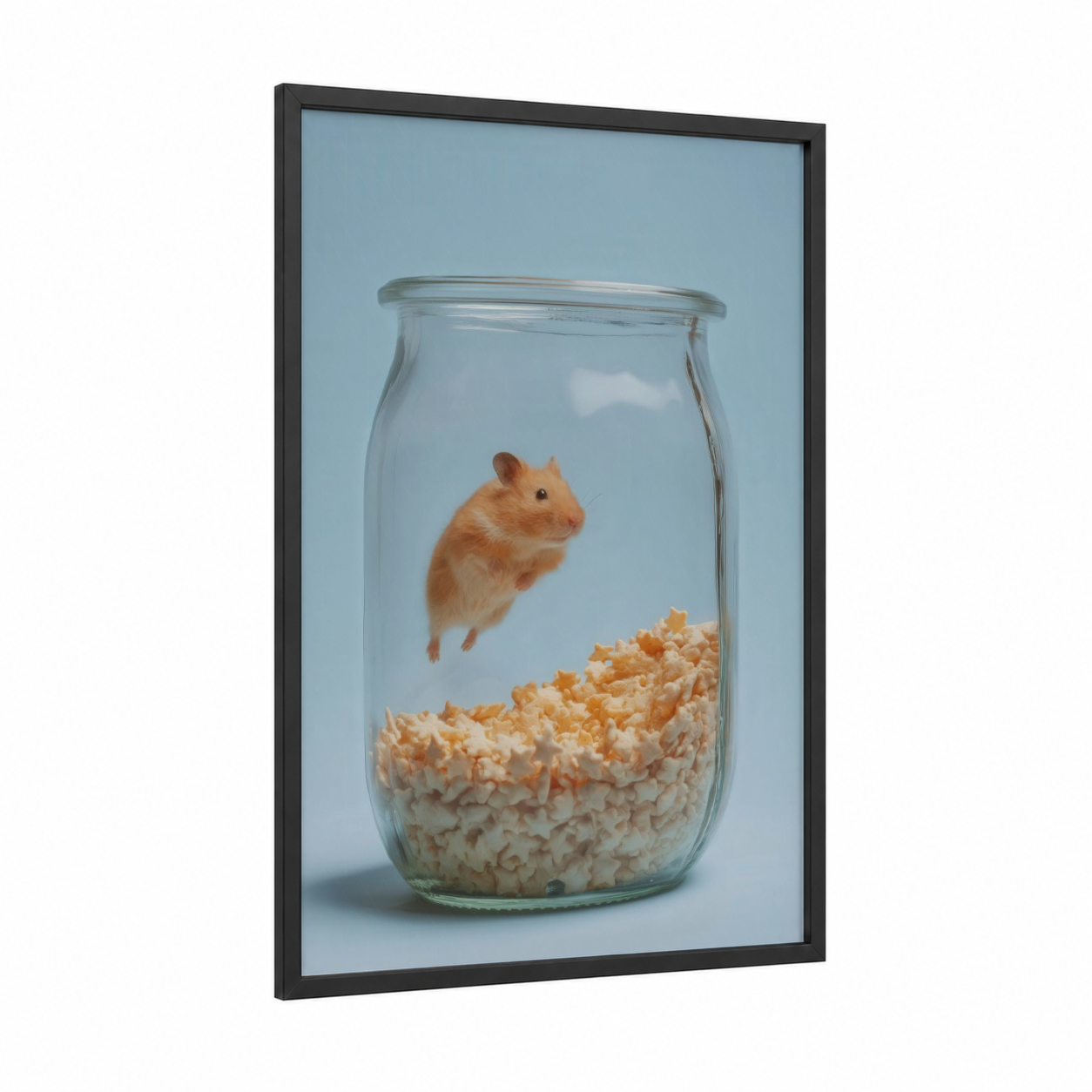 Popcorn Hamster framed art print — black wood frame — blue and white and peach palette