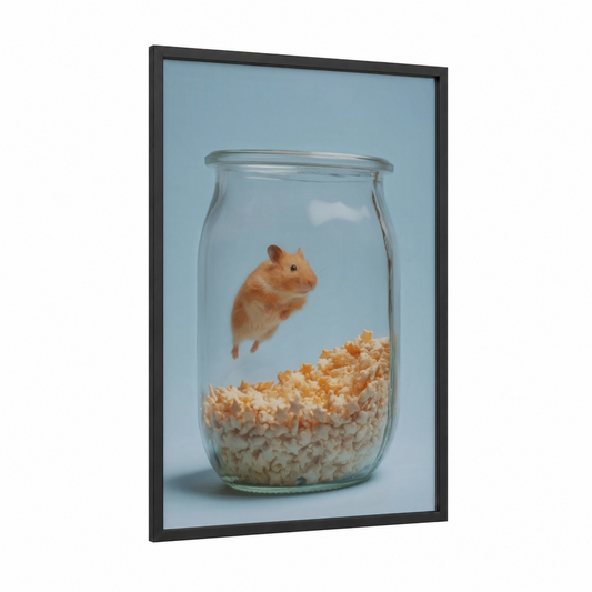 Popcorn Hamster framed art print — black wood frame — blue and white and peach palette