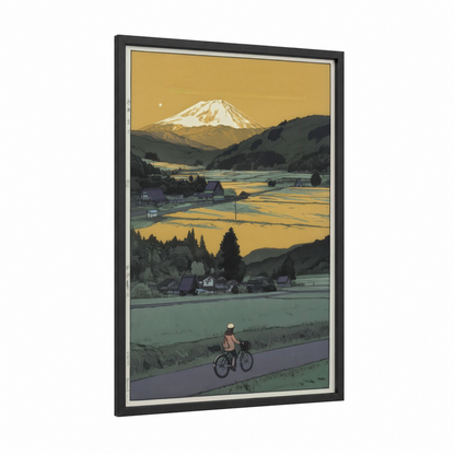 Mount Fuji Countryside framed various landscapes print — black wood frame — gold and sage green palette