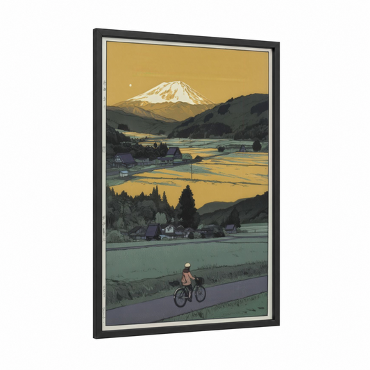 Mount Fuji Countryside framed various landscapes print — black wood frame — gold and sage green palette