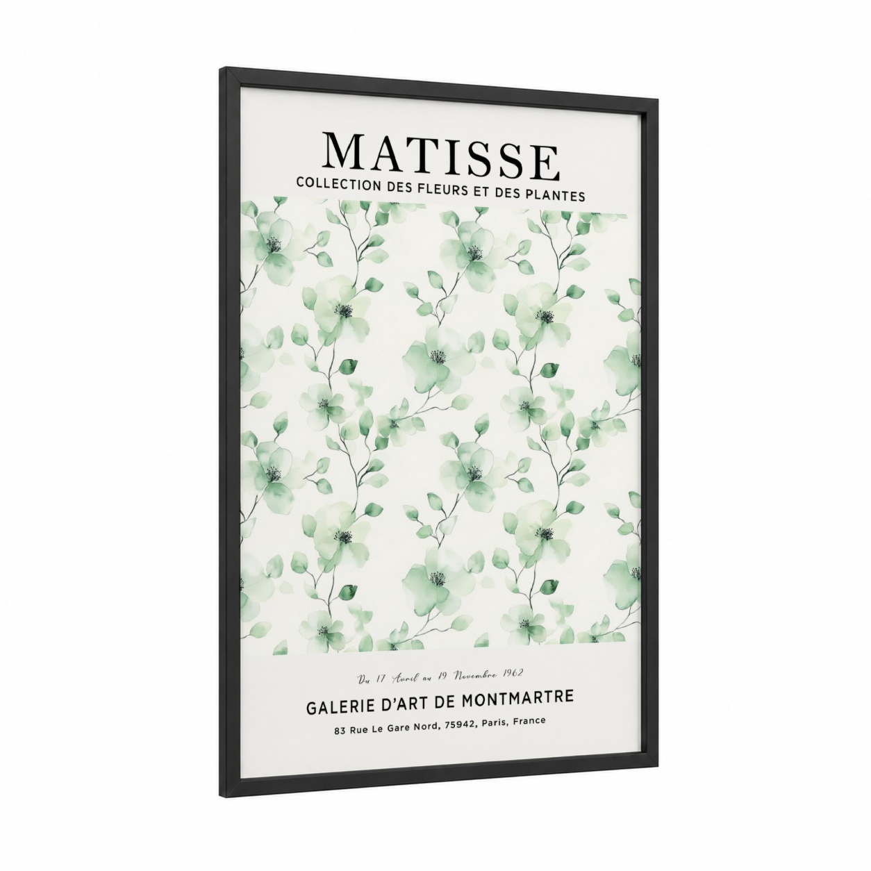 Matisse Botanical framed abstract flower print — black wood frame — light green and white palette