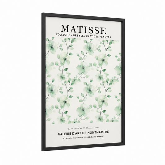 Matisse Botanical framed abstract flower print — black wood frame — light green and white palette
