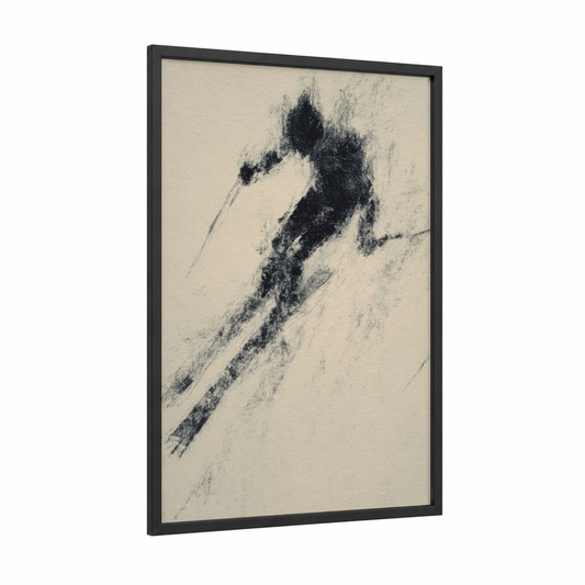 Snowy Descent framed skiing print — black wood frame — black and white palette