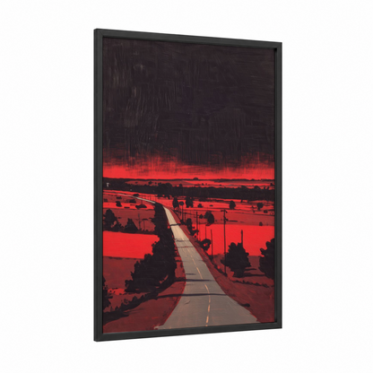 Crimson Road Horizon framed various landscapes print — black wood frame — red and black palette