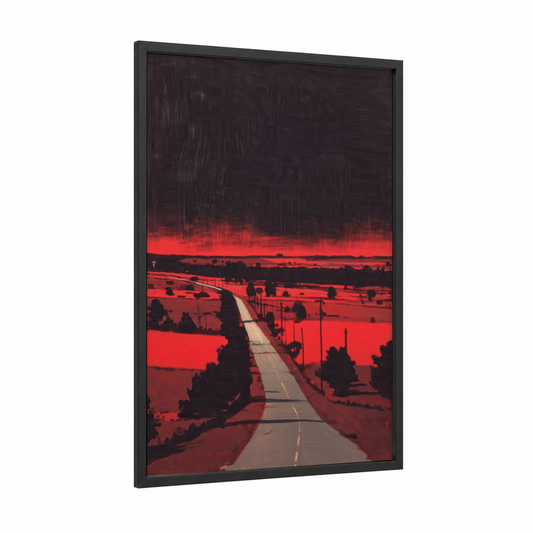 Crimson Road Horizon framed various landscapes print — black wood frame — red and black palette