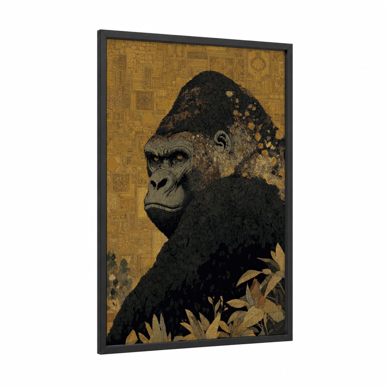 Golden Gorilla framed art print — black wood frame — black and gold and gold palette