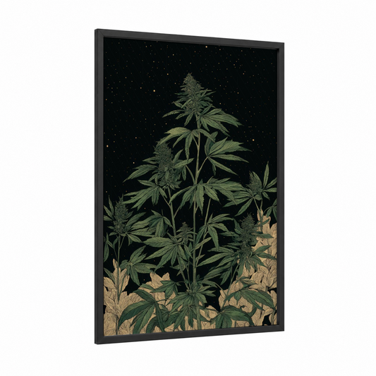 Midnight Cannabis Garden framed marijuana print — black wood frame — sage green and black palette