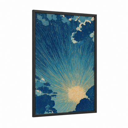 Radiant Star Burst framed art print — black wood frame — blue and gold palette
