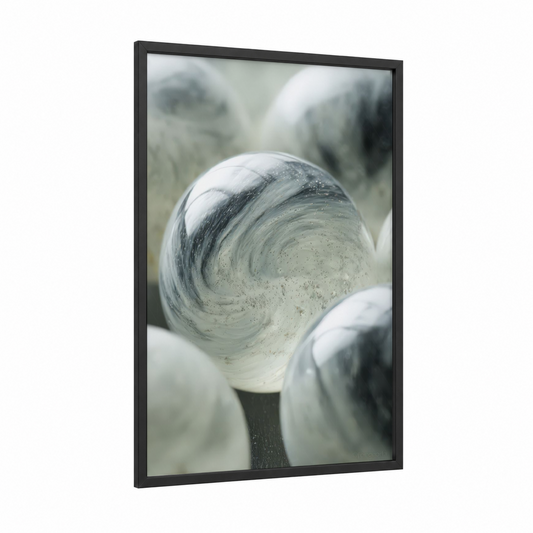 Molten Glass Sphere framed glassworking print — black wood frame — gray and white and black and white palette