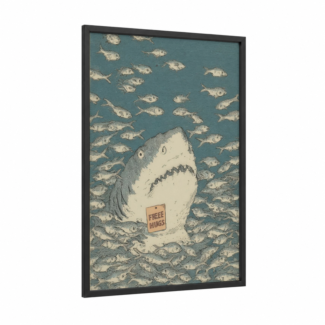 Friendly Shark framed sand tiger shark print — black wood frame — teal and cream palette
