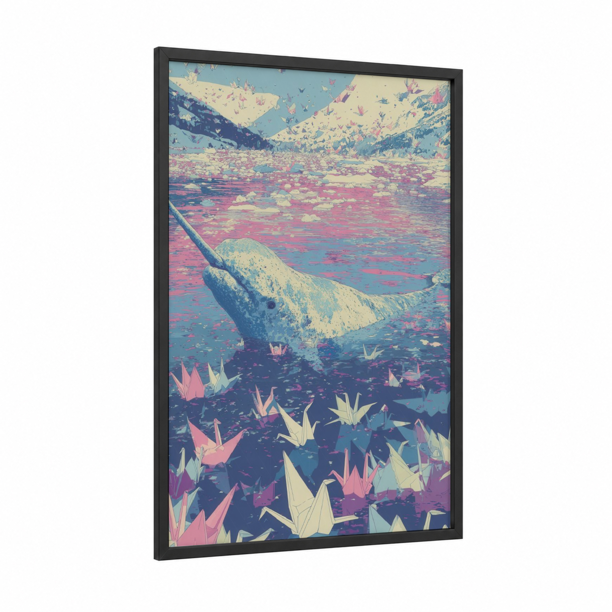 Dreaming Narwhal framed art print — black wood frame — pink and blue palette