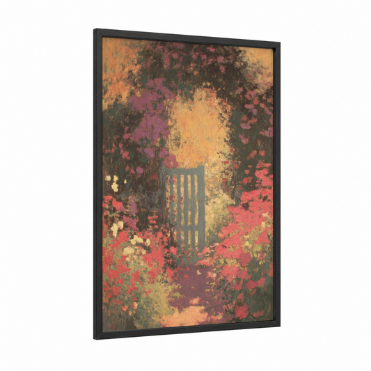 Floral Garden Door framed art print — black wood frame — gold and magenta palette
