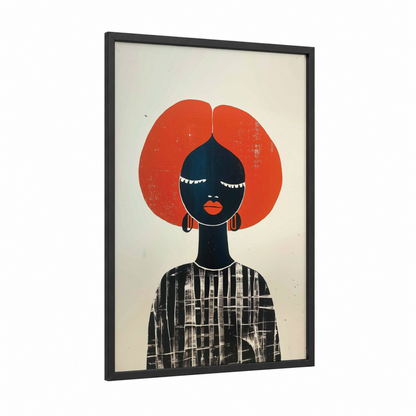 Afro Fashion Portrait framed fashion illustration print — black wood frame — red and black and white palette