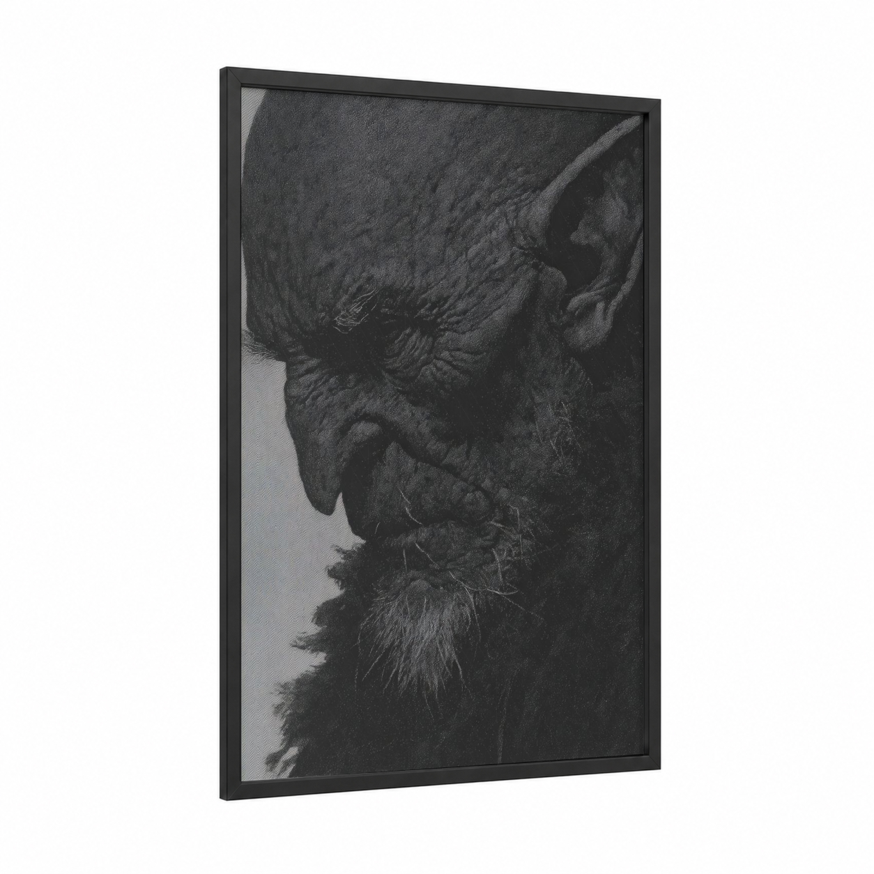 Menacing Orc Portrait framed art print — black wood frame — black and white and gray palette