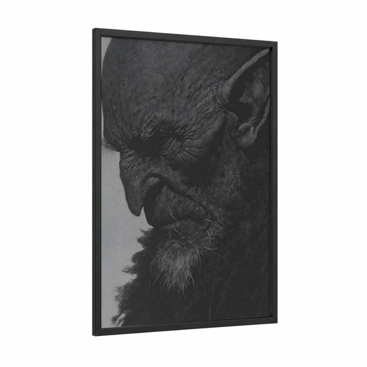 Menacing Orc Portrait framed art print — black wood frame — black and white and gray palette