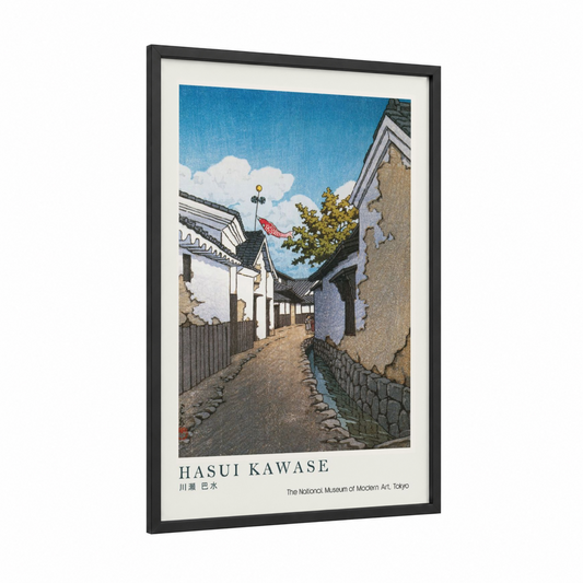 Hasui Village Street framed art print — black wood frame — blue and white palette