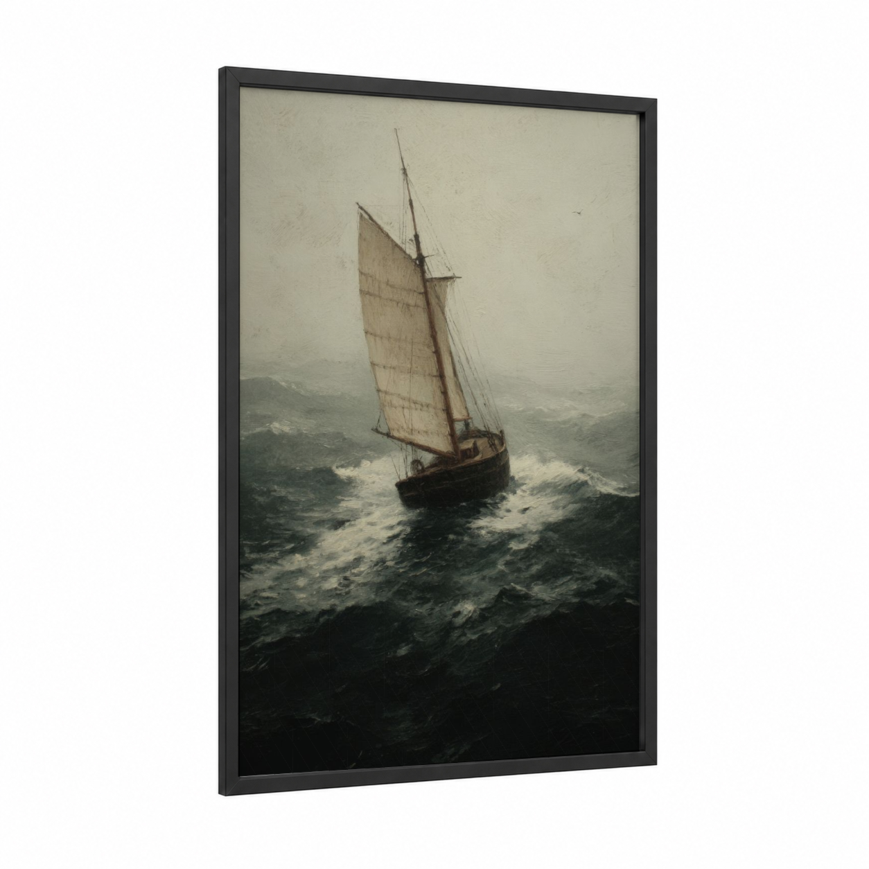 Stormy Seas Sailing framed art print — black wood frame — gray and black and white palette