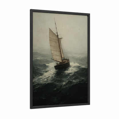Stormy Seas Sailing framed art print — black wood frame — gray and black and white palette